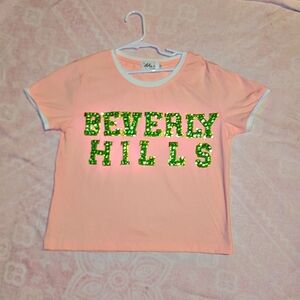 Lola + The Boys Beverly Hills Pink and Green Sequin Short Sleeve Tee